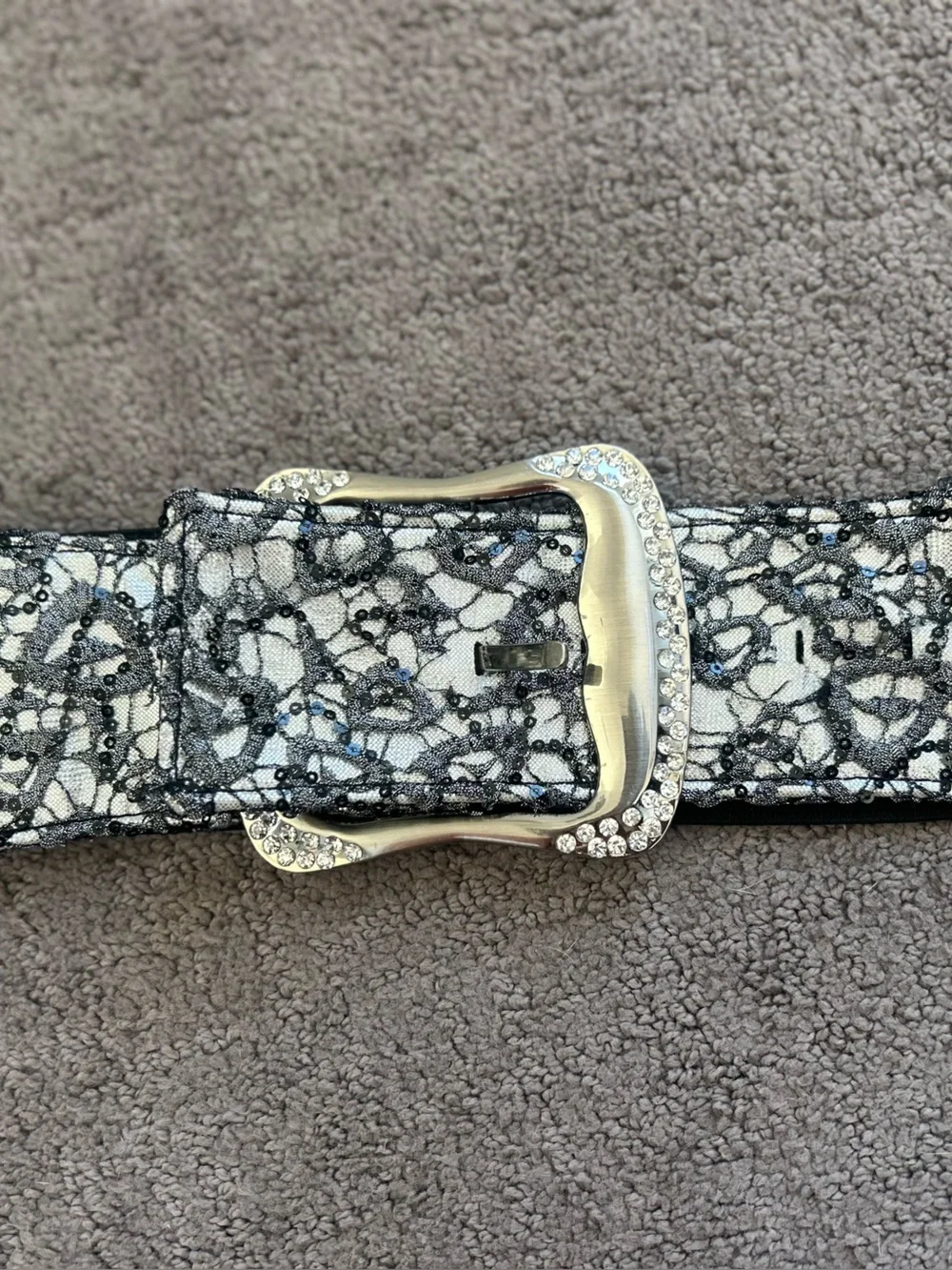 Buckle Black and Silver Stretch Belt with Rhinestone Buckle